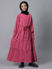 Modest Front Open Pink Abaya for Kids Girls
