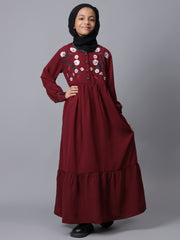 Modest Embroidery Maroon Abaya for Kids Girls