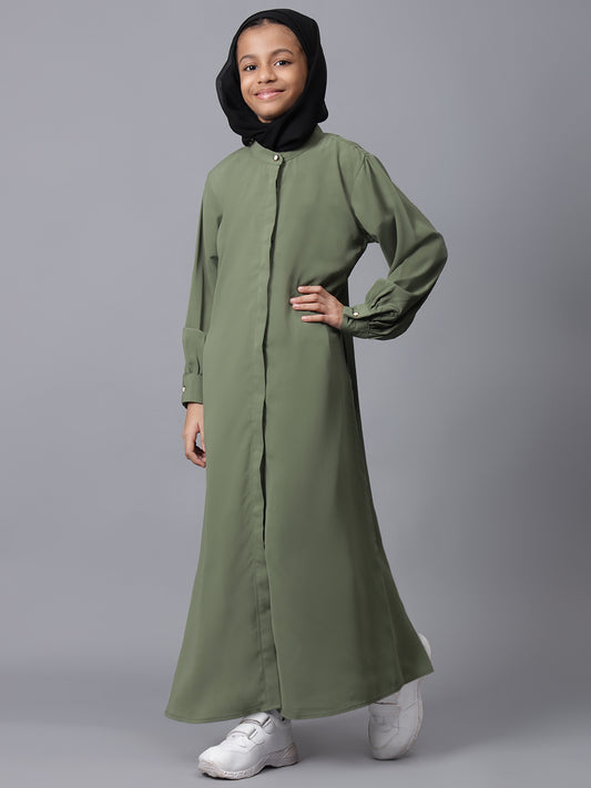 Modest Front Open Jade Green Abaya for Kids Girls