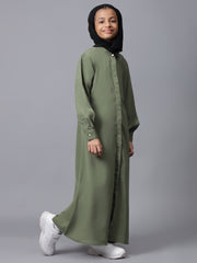 Modest Front Open Jade Green Abaya for Kids Girls