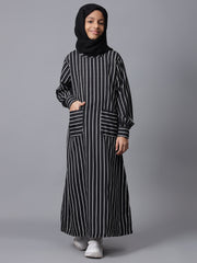 Modest Black Striped Patch Pockets Abaya for Kids Girls
