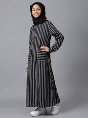 Modest Black Striped Patch Pockets Abaya for Kids Girls