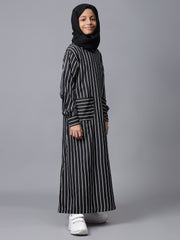 Modest Black Striped Patch Pockets Abaya for Kids Girls