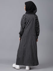 Modest Black Striped Patch Pockets Abaya for Kids Girls