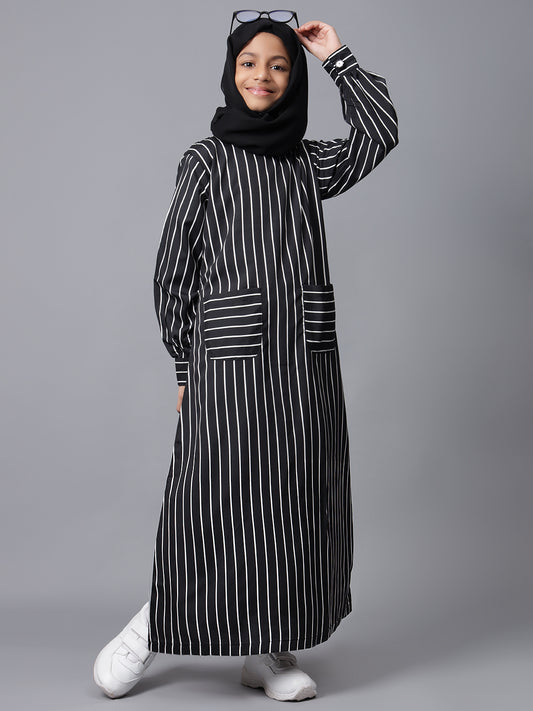 Modest Black Striped Patch Pockets Abaya for Kids Girls