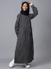 Modest Black Striped Patch Pockets Abaya for Kids Girls