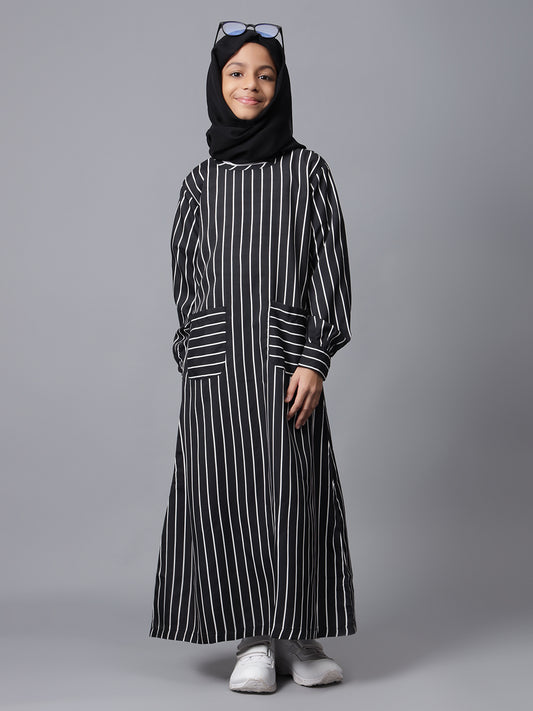 Modest Black Striped Patch Pockets Abaya for Kids Girls