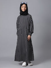 Modest Black Striped Patch Pockets Abaya for Kids Girls