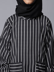 Modest Black Striped Patch Pockets Abaya for Kids Girls