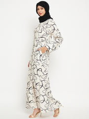 Printed Front Open Abaya for Women with Black Georgette Scarf