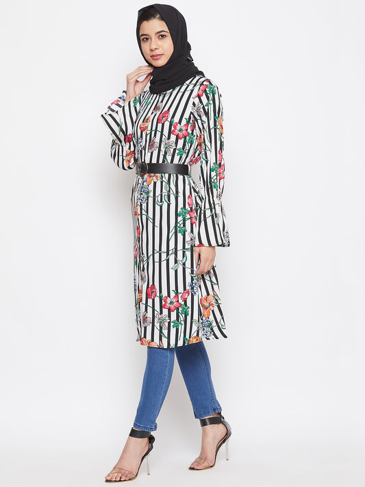 Floral Printed Front Open Tunic Abaya for Women with Black Georgette Stole