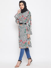 Printed Front Open Tunic Abaya for Women with Black Georgette Stole