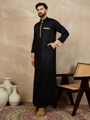 Black Cotton Arabic Thobe for Men with Beige Piping