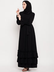 Women Black Frilled Abaya Burqa With Belt and Black Hijab