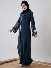 Front Open Kefiyyeh Embroidered Abaya/Burqa with Black Georgette Hijab