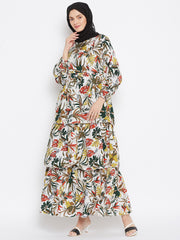 Printed Crepe Frill Abaya for Women with Black Georgette Hijab