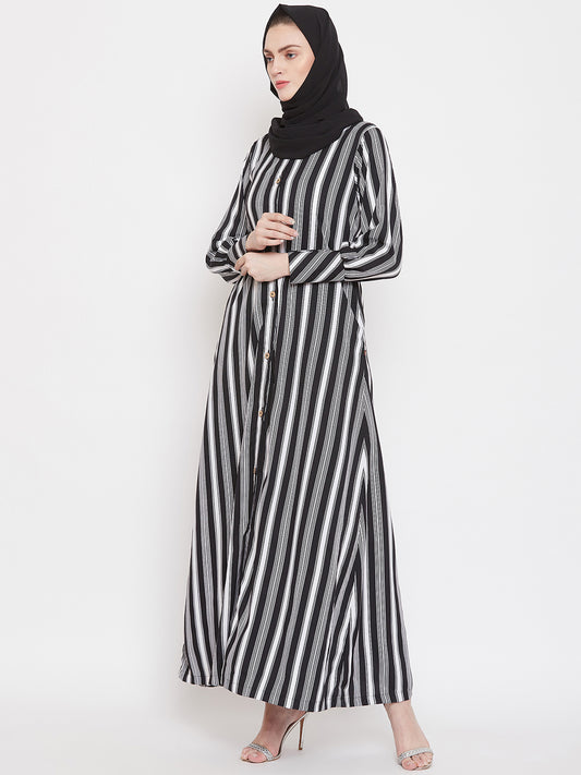 Black Stripe Front Open Abaya for Women with Black Georgette Scarf