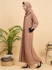 Front Open Modest Beige Coat-Style Abaya with Matching Hijab