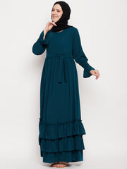Women Frilled Abaya Burqa With Belt and Black Hijab