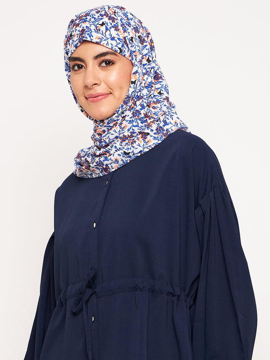 White and Blue Floral Printed Women's Casual Hijab Stole
