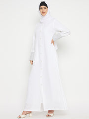 Women Front Open Rayon White Abaya for Umrah/Hajj with Black Hijab