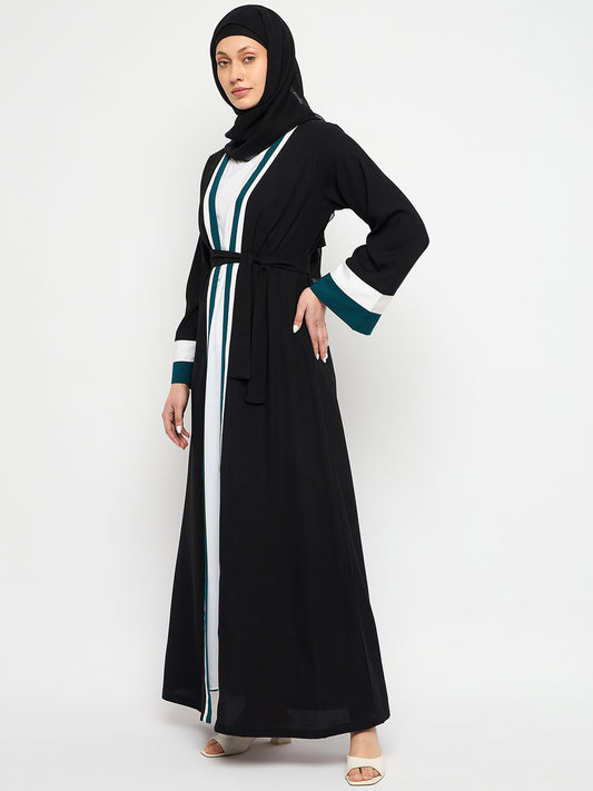 Black Solid Front Open Shrug With Belt and Black Georgette Hijab