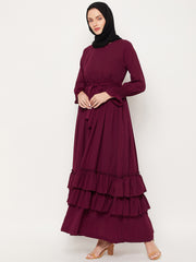 Women Maroon Frilled Abaya/Burqa With Belt and Black Hijab