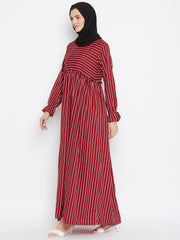 Maroon Stripe Abaya Dress with Black Georgette Hijab