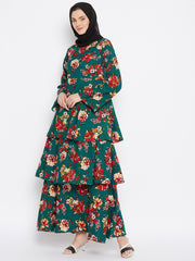 Floral Printed Crepe Frill Abaya Dress for Women with Black Georgette Hijab
