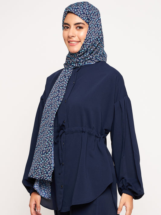 Blue Floral Printed Crepe Hijab Stole for Women