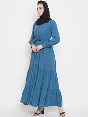 Frilled Sky Blue Abaya/Burqa For Women With Belt and Black Hijab