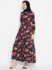 Floral Printed Frill Abaya Dress for Women with Black Georgette Scarf