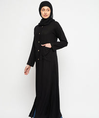 Black Rayon Front Open Abaya for Women with Black Georgette Scarf