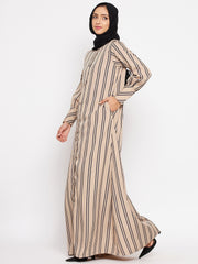 Beige Stripe Front Open Abaya for Women with Black Georgette Scarf