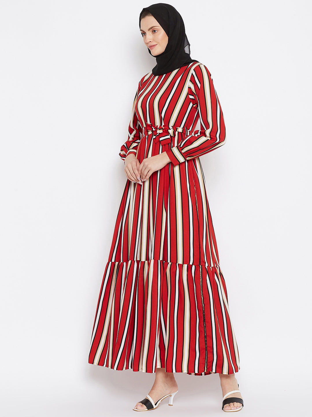 Red Printed Crepe Frill Abaya Dress for Women with Black Georgette Scarf-Side