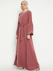 2 Piece Set Front Open Lace Shrug Abaya with Black Georgette Hijab