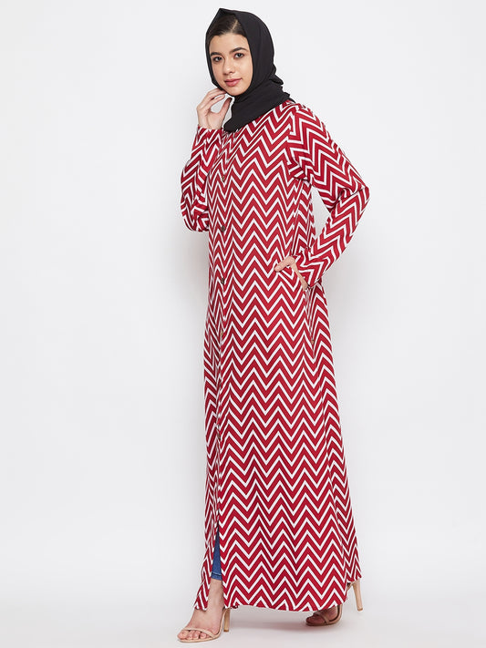 Red & White Front Open Abaya Dress with Black Georgette Hijab
