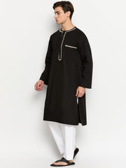 Black Solid Embroidery Details Mens Kurta