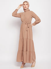 Frilled Beige Abaya/Burqa For Women With Belt and Black Hijab