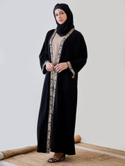 2 Piece Set Embroidered Shrug Abaya with Black Georgette Hijab