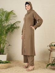 Front Open Khaki(Oat) Solid Co-Ord Set for Women