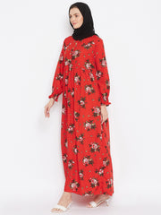 Red Floral Printed Abaya with Black Georgette Hijab