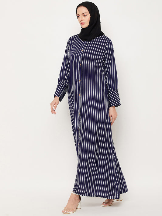 Blue Stripe Front Open Abaya for Women with Black Georgette Scarf