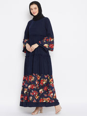 Blue Floral Printed Abaya Dress with Black Georgette Hijab