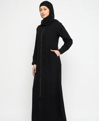 Front Open Zip Closure Black Abaya Dress with Black Georgette Hijab