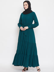 Frilled Bottle Green Abaya/Burqa For Women With Belt and Black Hijab