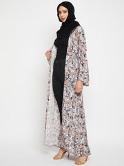 White Printed Front Open Shrug with Black Georgette Hijab