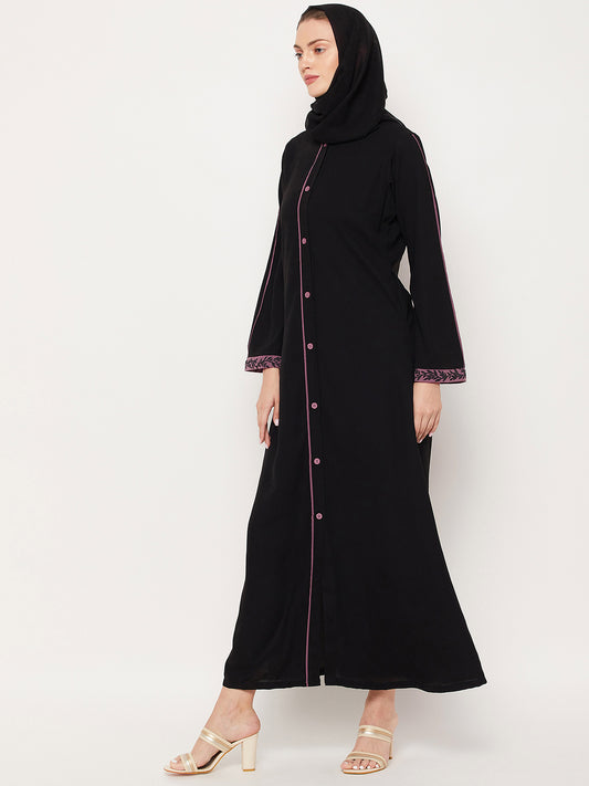 Black Embroidery Work Front Open Abaya for Women with Black Georgette Scarf