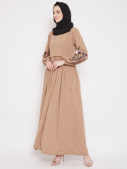 Beige Embroidery Work Abaya for Women with Black Georgette Scarf