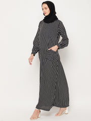 Striped Abaya for Women with Black Georgette Hijab
